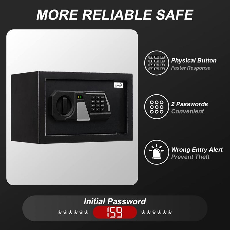 Tenamic Fireproof Safe Box 0.4 Cuft Electronic Digital Security Box, Keypad Small Lock Box Cabinet Safes with Internal Light, Solid Alloy Steel Office Hotel Home Mini Safe with 2 Passwords, Black - Image 4